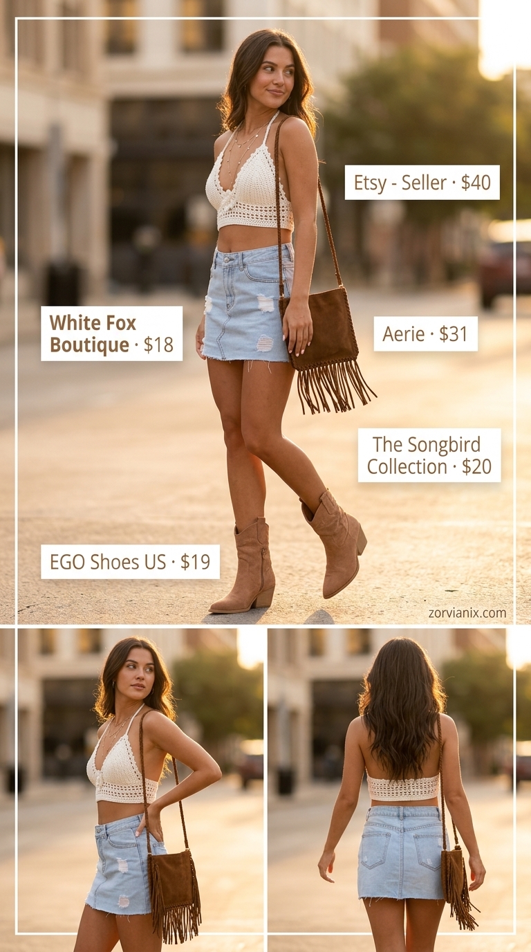 Denim mini skirt outfits summer 2026: Distressed denim skirt, white crochet top, tan boots for desert festival.