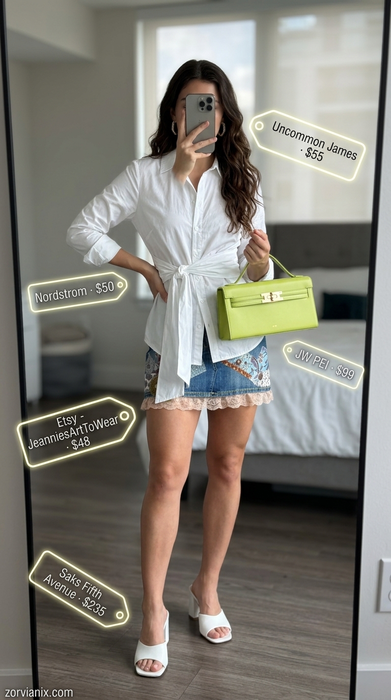 Artistic gallery opening look with a patchwork denim mini skirt, white button-down, and emerald green bag. Denim mini skirt outfits summer 2026.