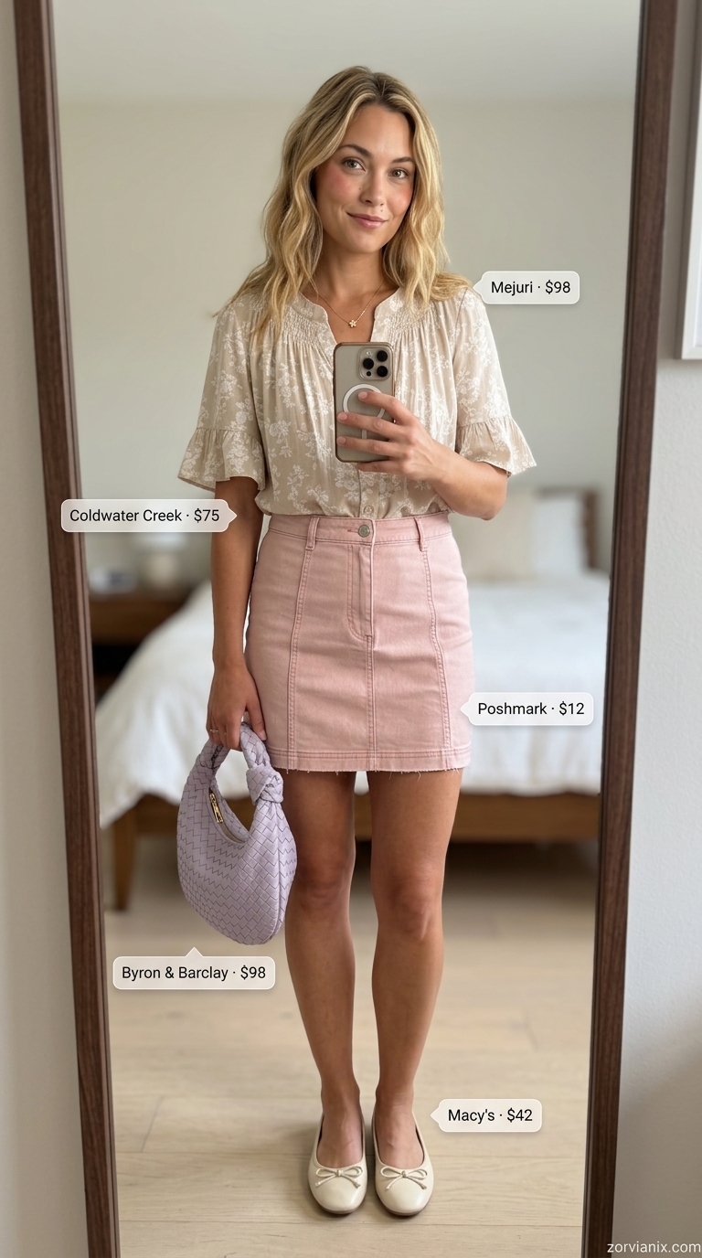 Denim mini skirt outfits summer 2026: Pale pink denim skirt, floral blouse, ballet flats for garden party.