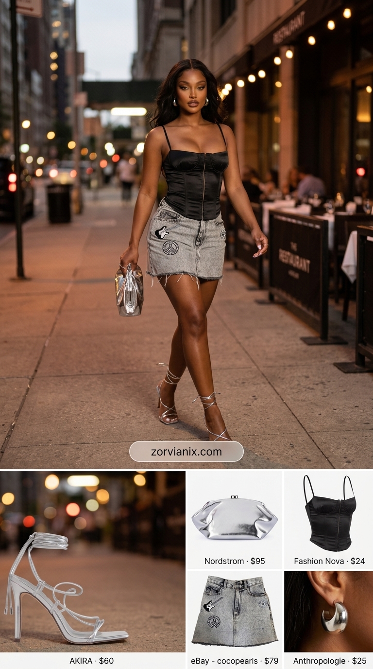 Glamorous date night look with an acid wash denim mini skirt, black corset top, and silver stilettos. Denim mini skirt outfits summer 2026.