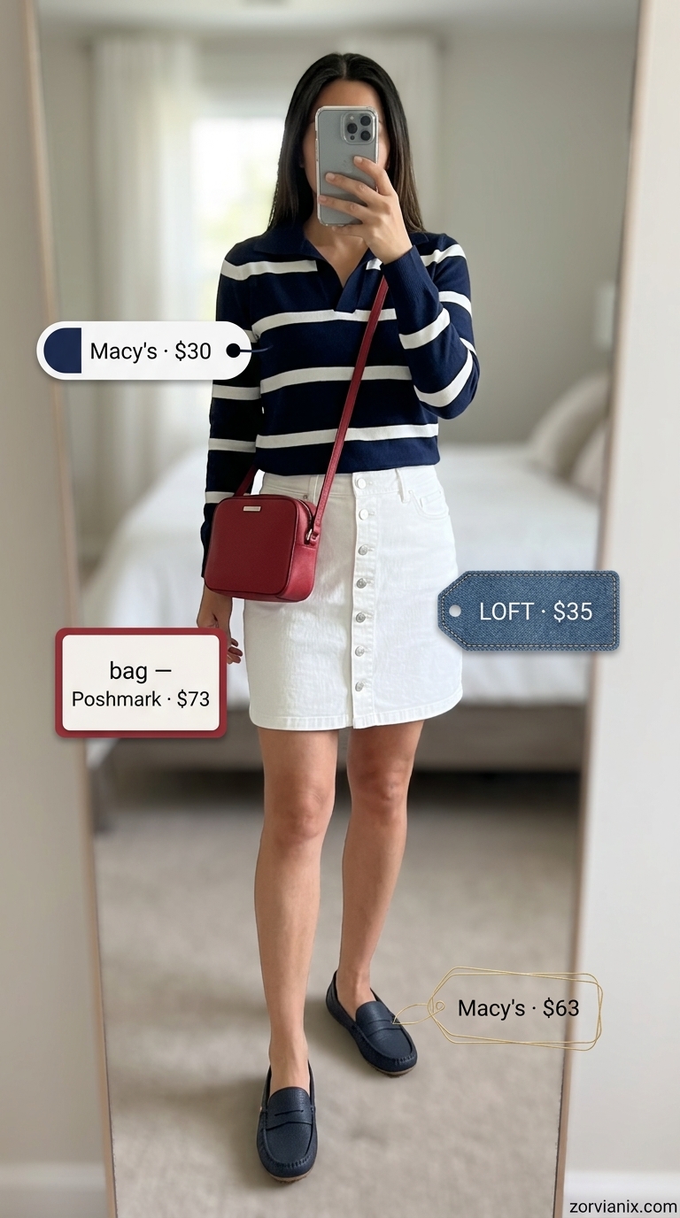 Denim mini skirt outfits summer 2026: White denim skirt, striped sweater, navy loafers for Hamptons holiday.