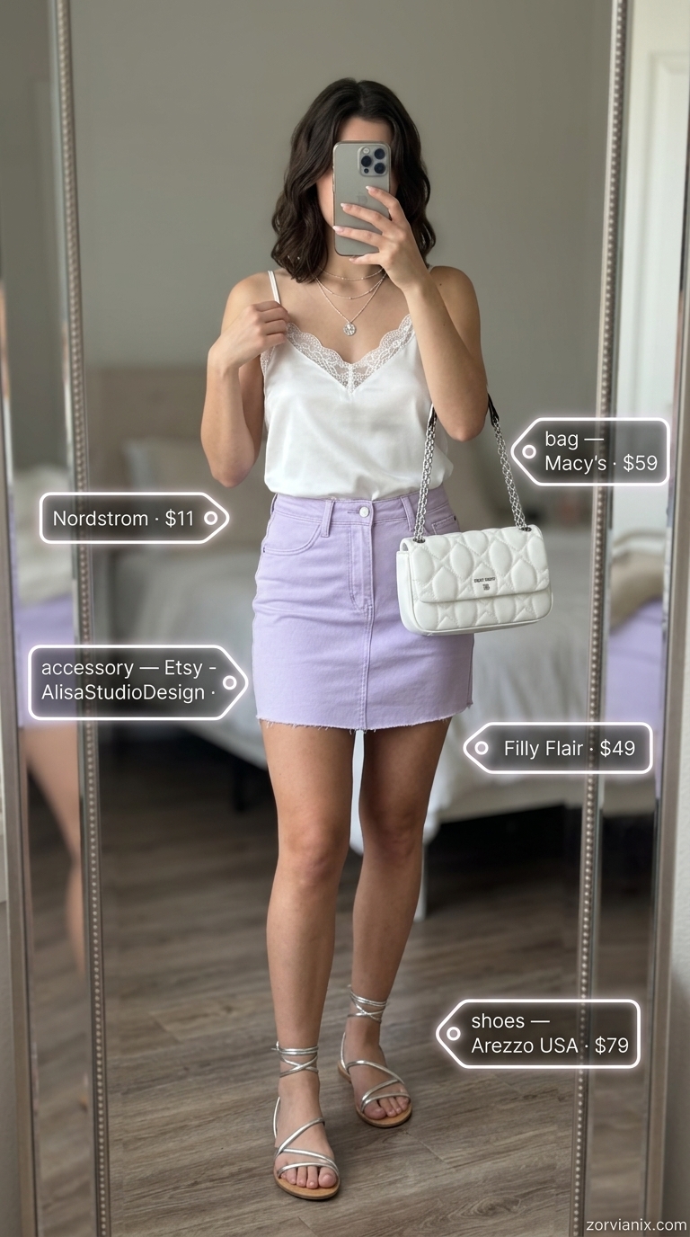 Denim mini skirt outfits summer 2026: Lavender denim skirt, white cami, silver sandals for a daytime date.