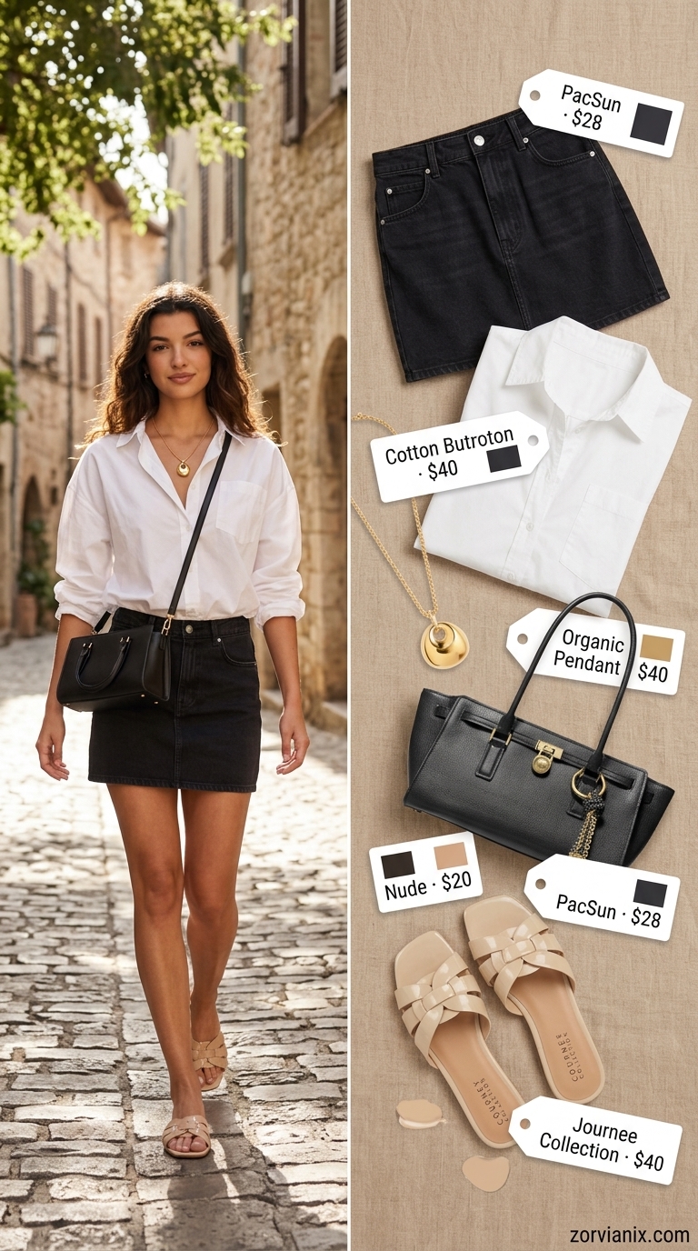 Denim mini skirt outfits summer 2026: Black denim skirt, white shirt, nude sandals for museum visit.