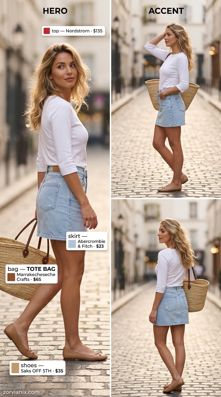 Chic Parisian summer outfit with a classic blue denim mini skirt, striped tee, and red neck scarf. Denim mini skirt outfits summer 2026.