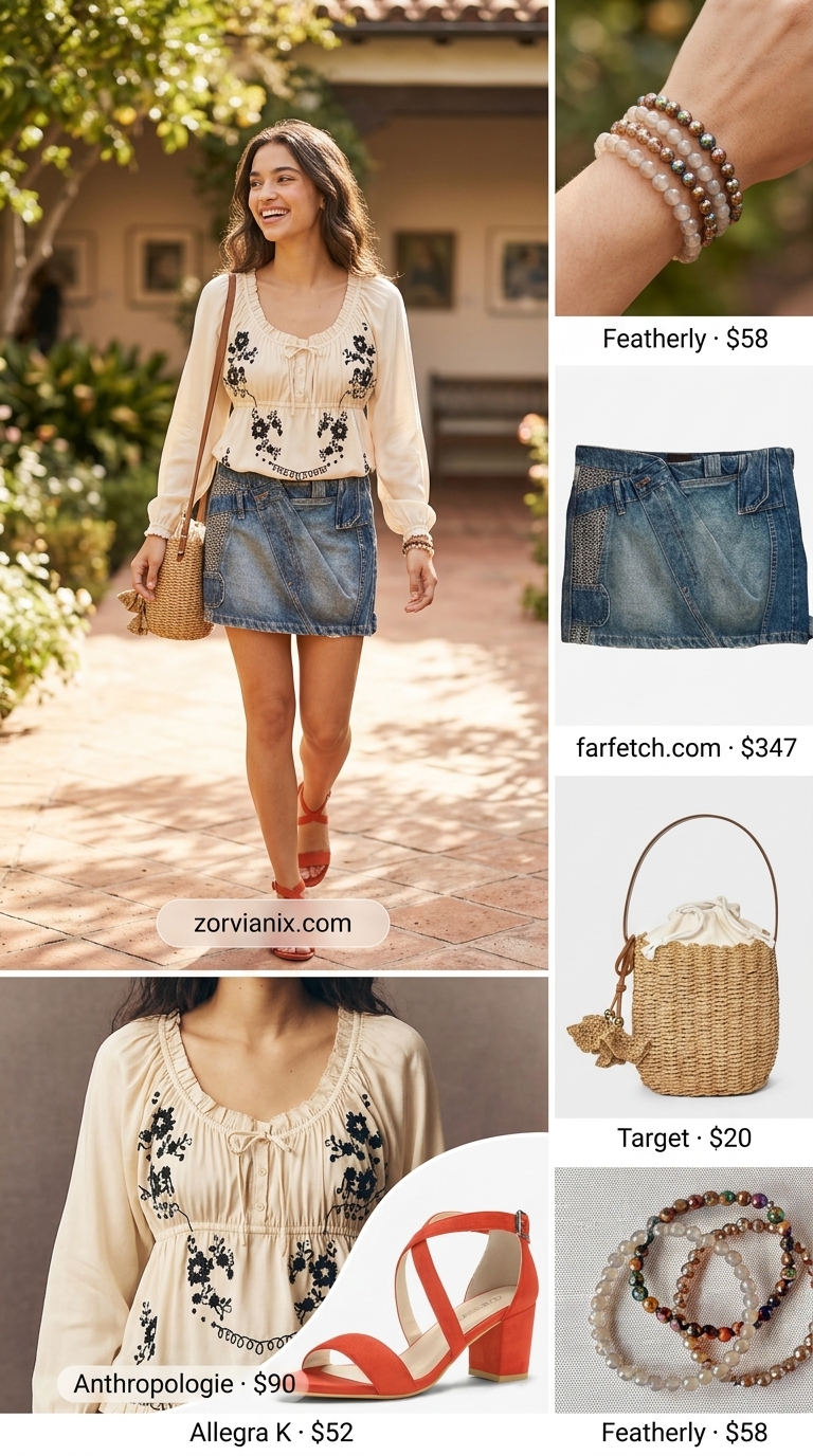 Artsy afternoon look with a patchwork denim mini skirt, cream embroidered blouse, and mixed earth tone accessories. Denim mini skirt outfits summer 2026.