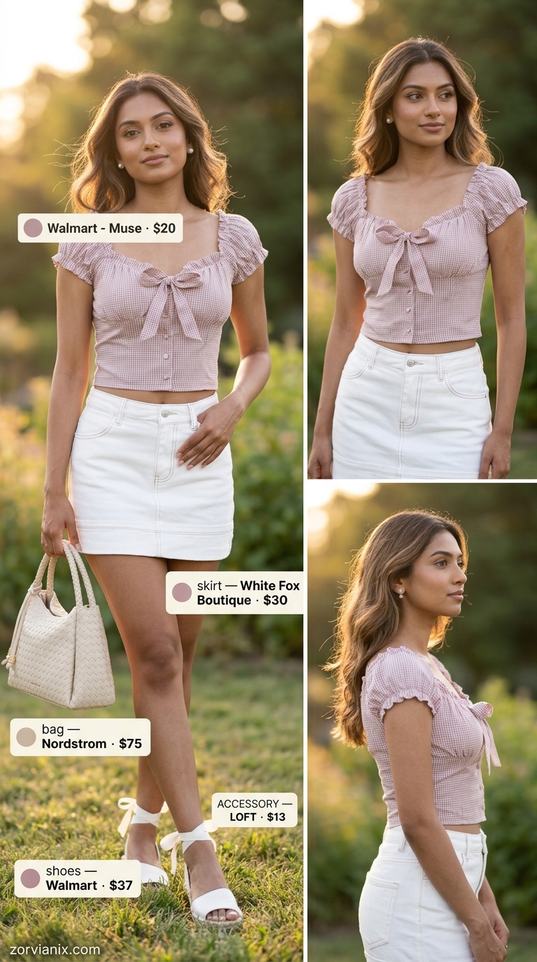 Denim mini skirt outfits summer 2026: White denim skirt, pink puff sleeve top, espadrilles for picnic.