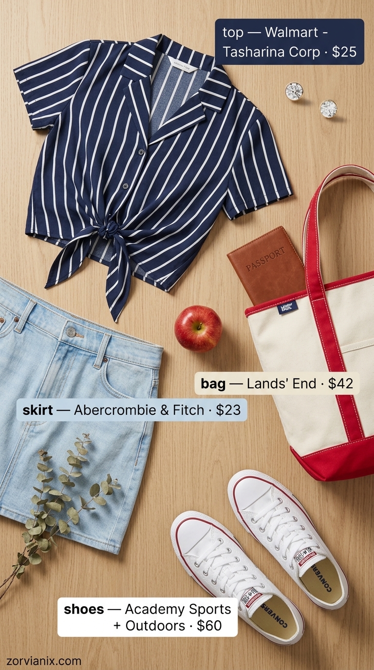 Preppy lakeside lunch outfit with a mid-wash denim mini skirt, navy and white striped shirt, and white sneakers. Denim mini skirt outfits summer 2026.