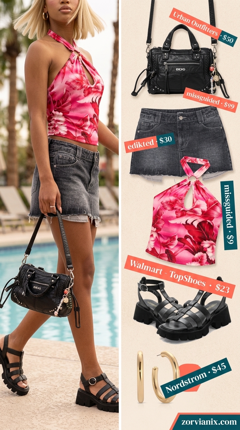 Denim mini skirt outfits summer 2026: Playful retro look with acid wash skirt, floral top, and platform sandals.