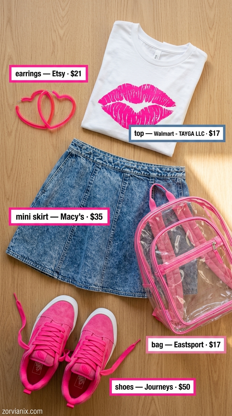 Fun retro roller rink outfit with an acid wash denim mini skirt, white graphic tee, and neon pink accessories. Denim mini skirt outfits summer 2026.