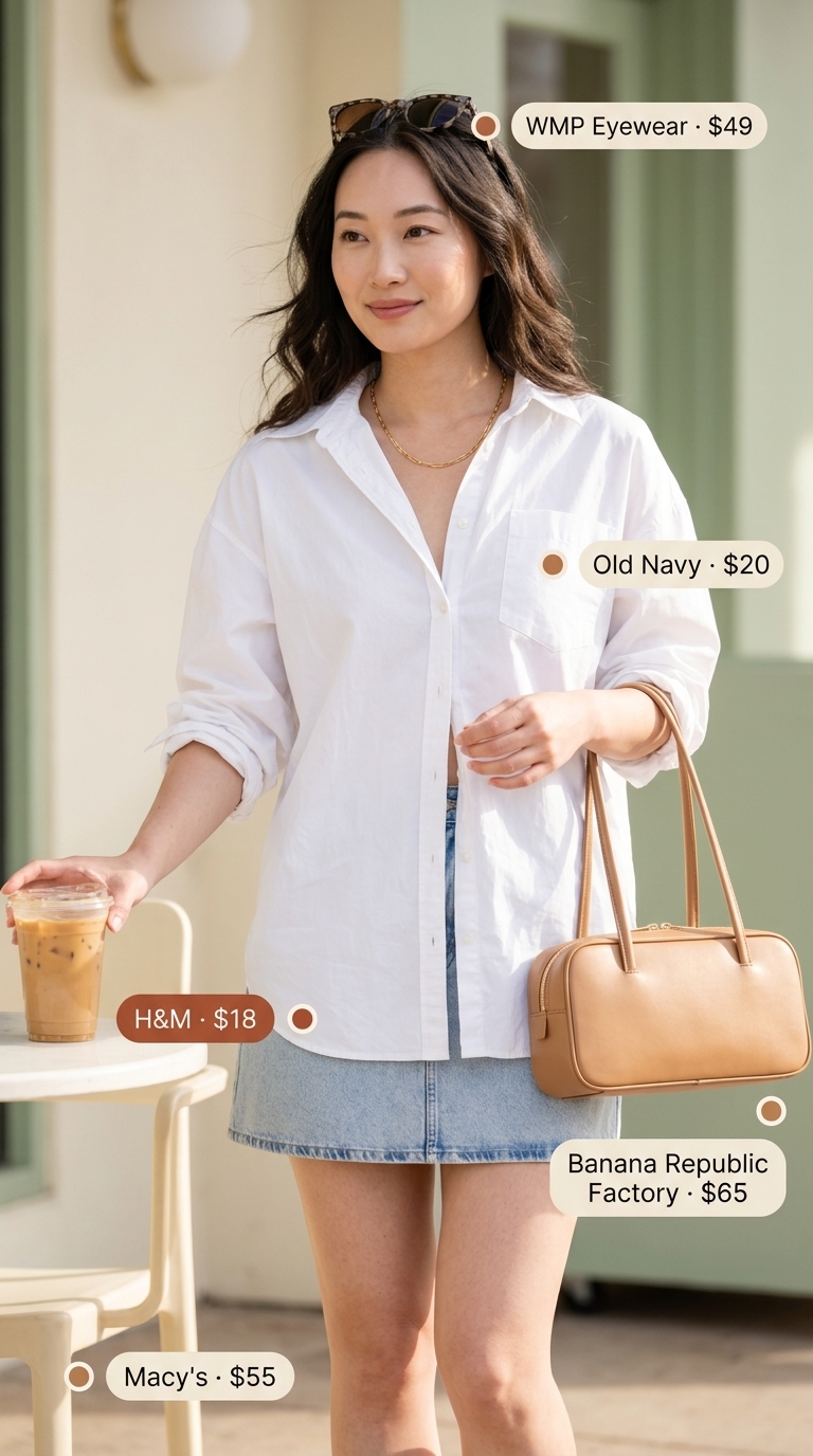 Denim mini skirt outfits summer 2026: Effortless Riviera style with A-line skirt, crisp white shirt, and espadrilles.