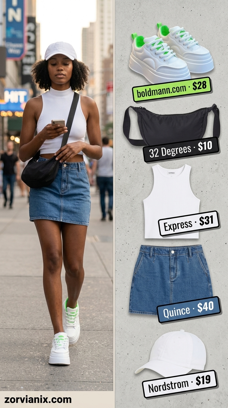Denim mini skirt outfits summer 2026: Sporty chic with dark wash skirt, crop top, platform sneakers, and baseball cap.