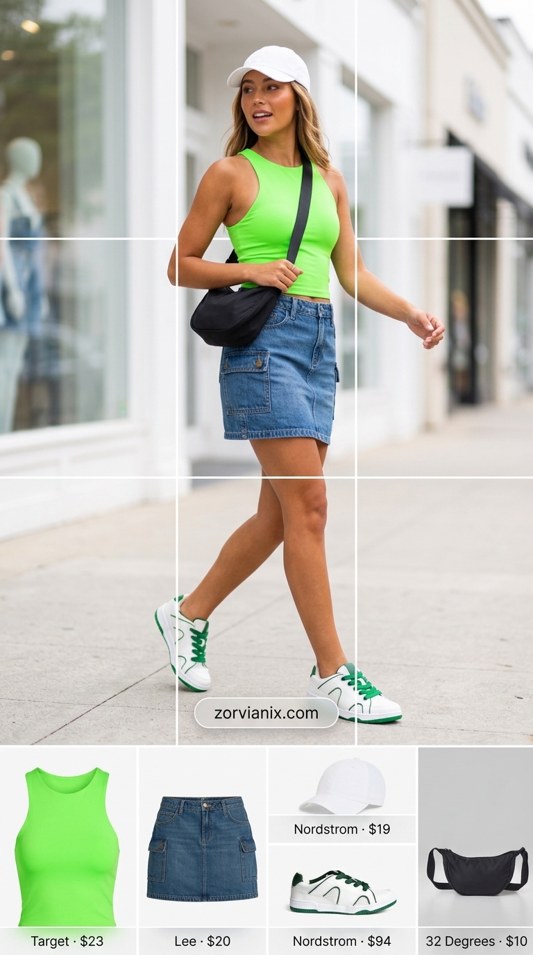 Denim mini skirt outfits summer 2026: Mid-blue denim skirt, neon green crop top, white trainers for a sporty day.