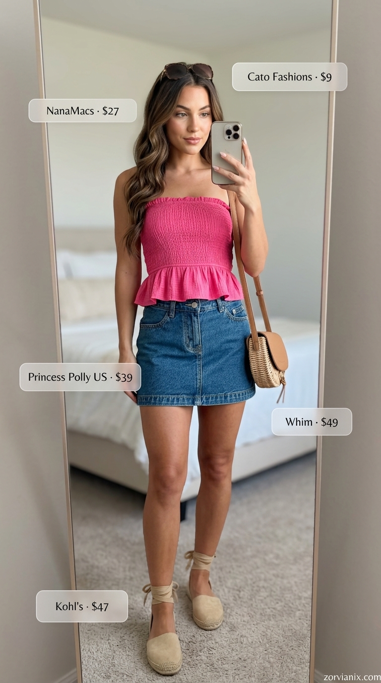 Denim mini skirt outfits summer 2026: Cheerful brunch look with light blue skirt, hot pink top, and espadrilles.