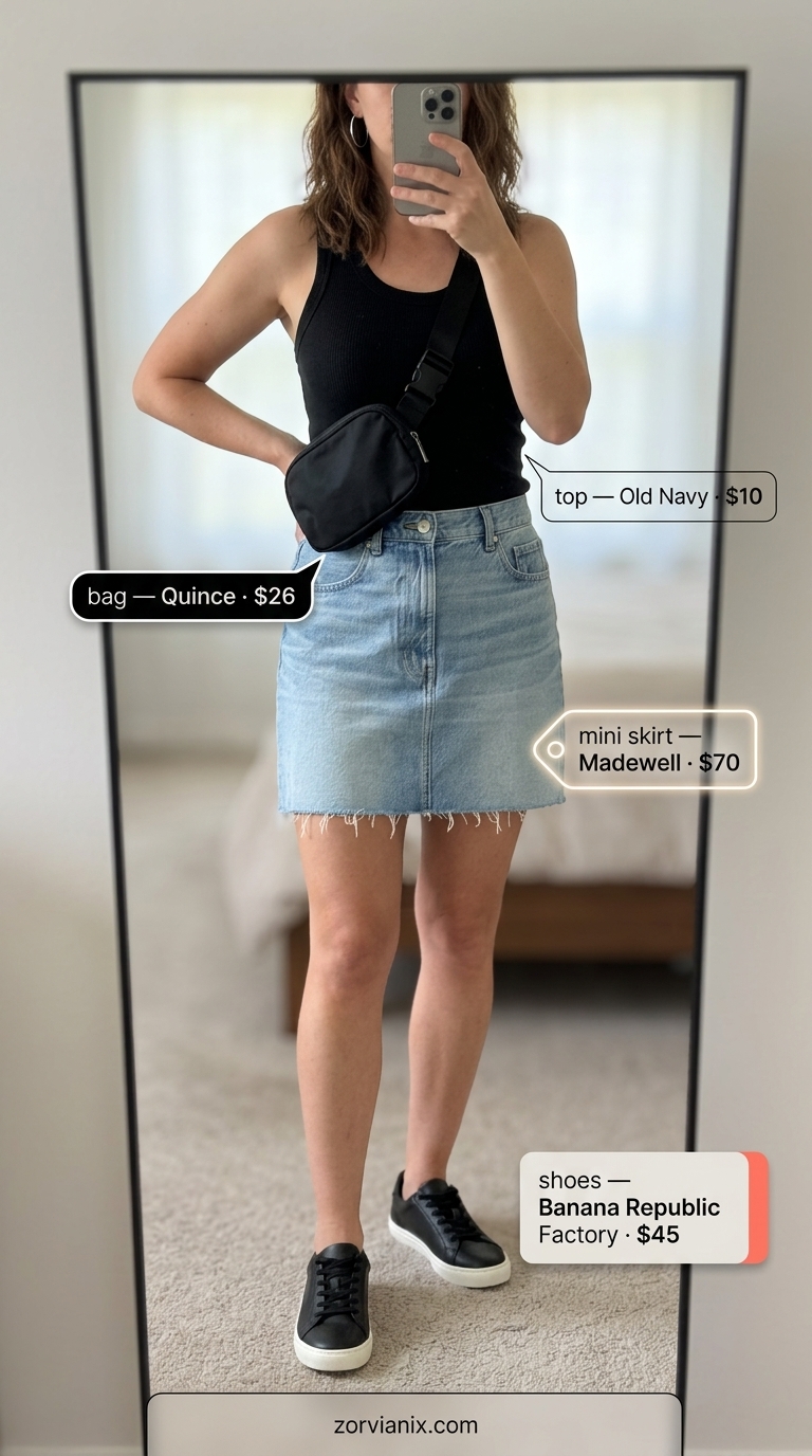 Denim mini skirt outfits summer 2026: Minimalist urban look with mid-blue skirt, tank top, and belt bag.