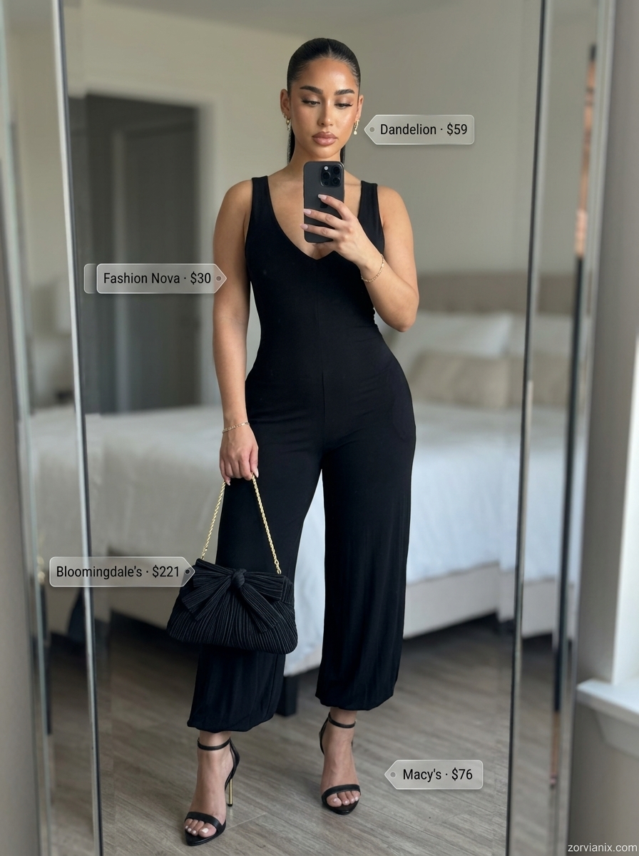 Coral slip dress with black heels and clutch. Styling mistake: wearing a jumpsuit to a date night. Summer jumpsuit outfits for women 2026.