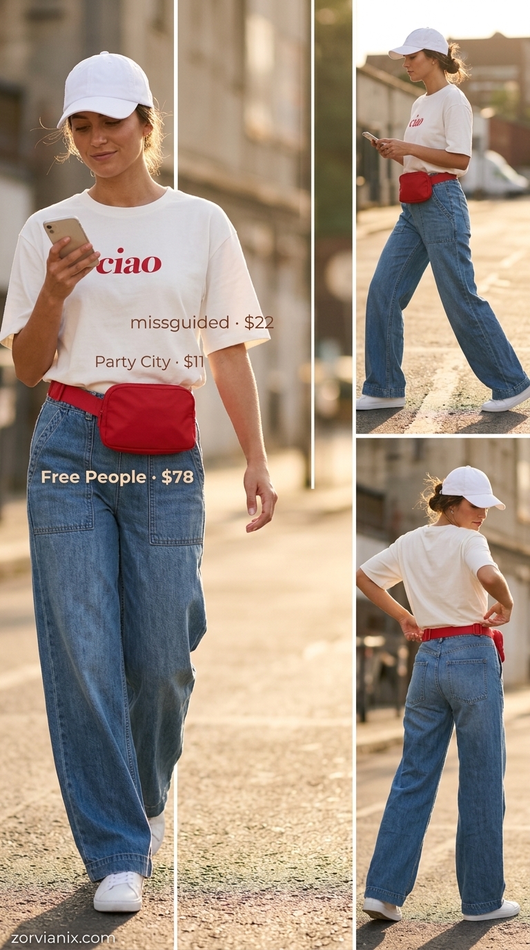 Mistake: Wide leg jeans with graphic tee and sneakers for sporty look. Avoid this combo for wide leg jeans.