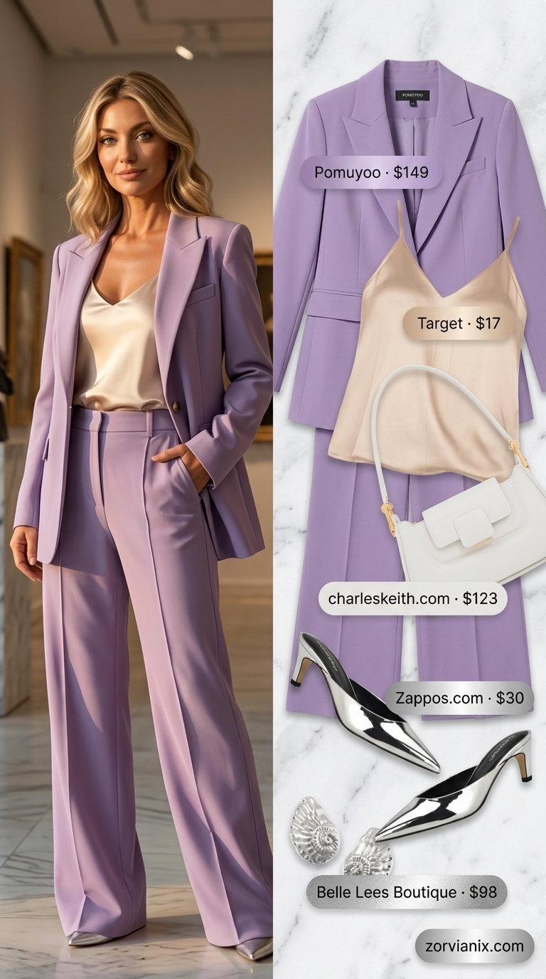 Elegant summer outfit for women over 50 2026: Pale lavender linen set with white camisole, silver sandals & clutch for art gallery.