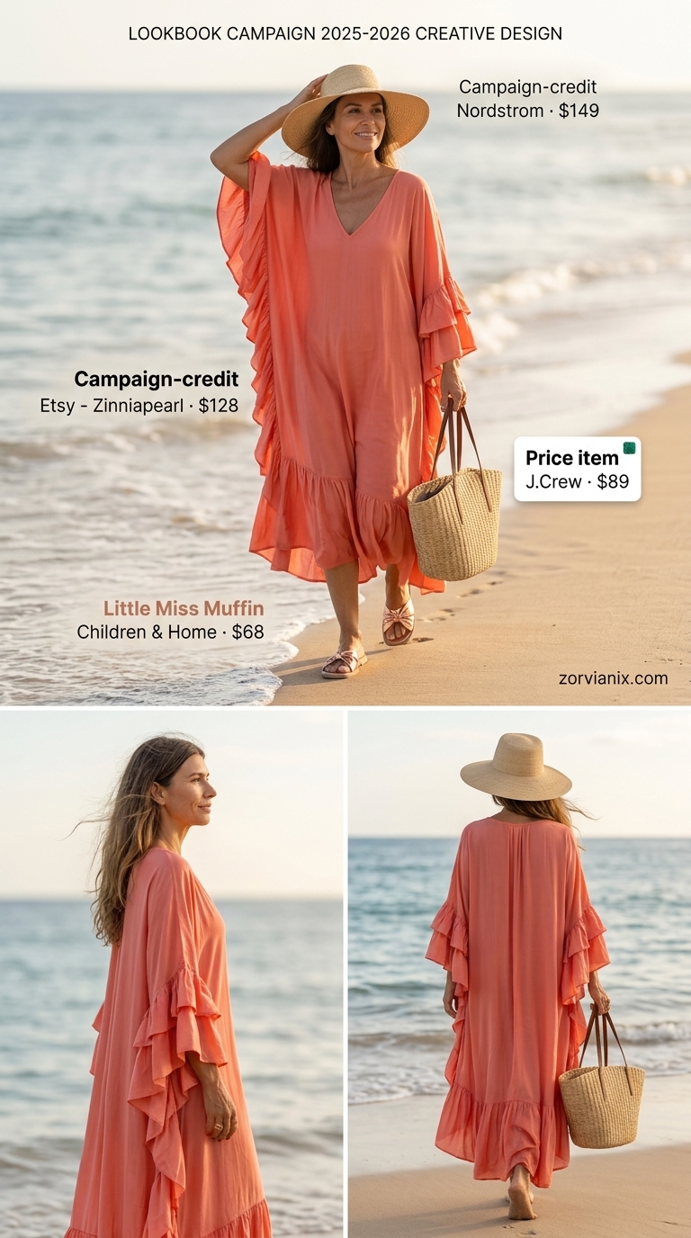 Elegant summer outfit for women over 50 2026: Coral maxi dress, sky blue linen shirt dress for beach vacation resort wear.
