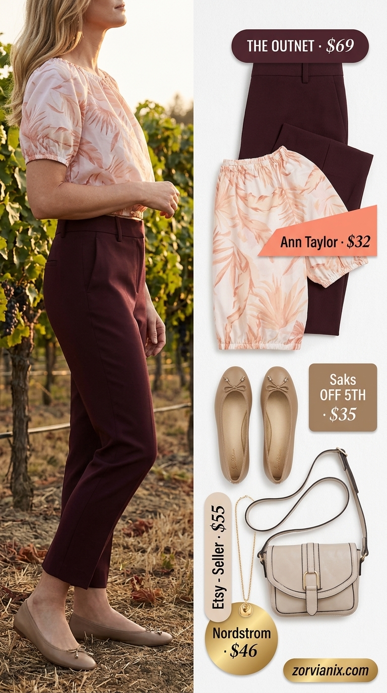 Elegant summer outfit for women over 50 2026: Burgundy cropped trousers, blush pink blouse, and beige ballet flats.