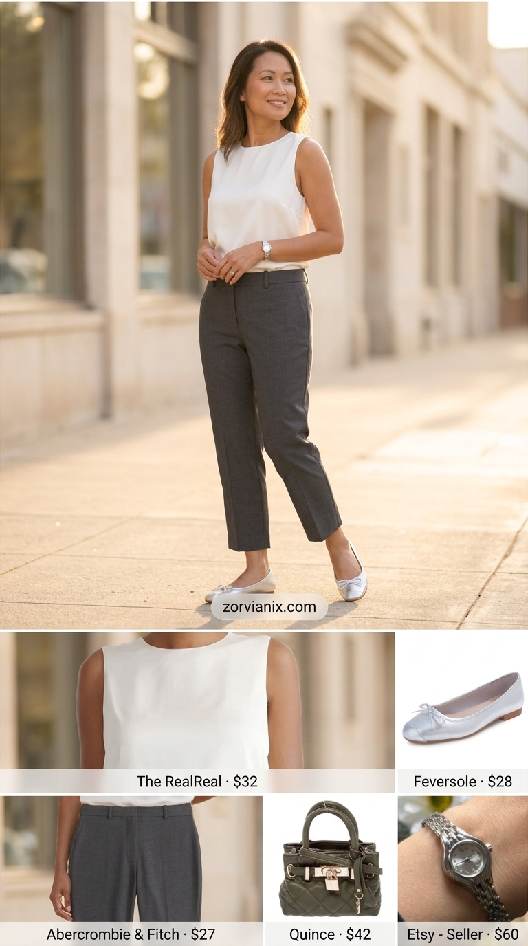 Elegant summer outfit for women over 50 2026: Charcoal gray capri pants, ivory shell top, and silver ballet flats.