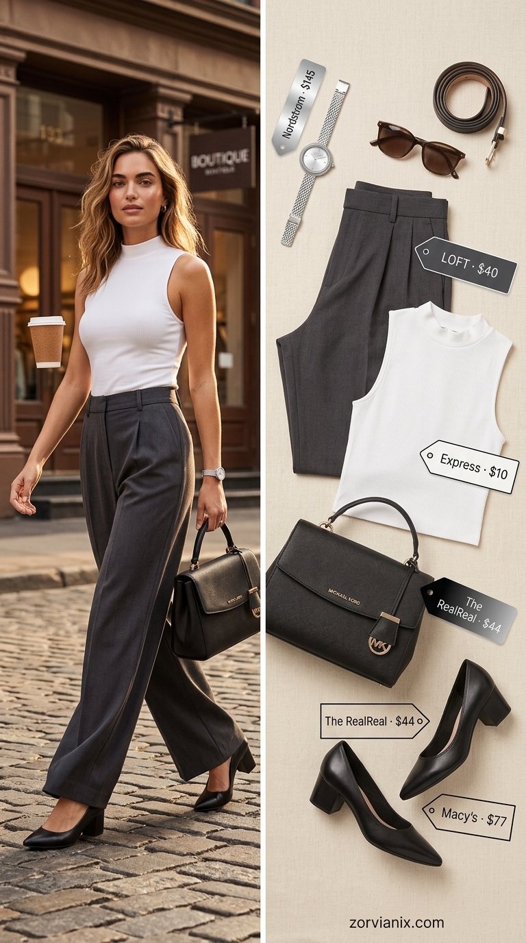 Elegant summer outfit for women over 50 2026: Charcoal pants, blush blouse, silver sandals for polished city commute.