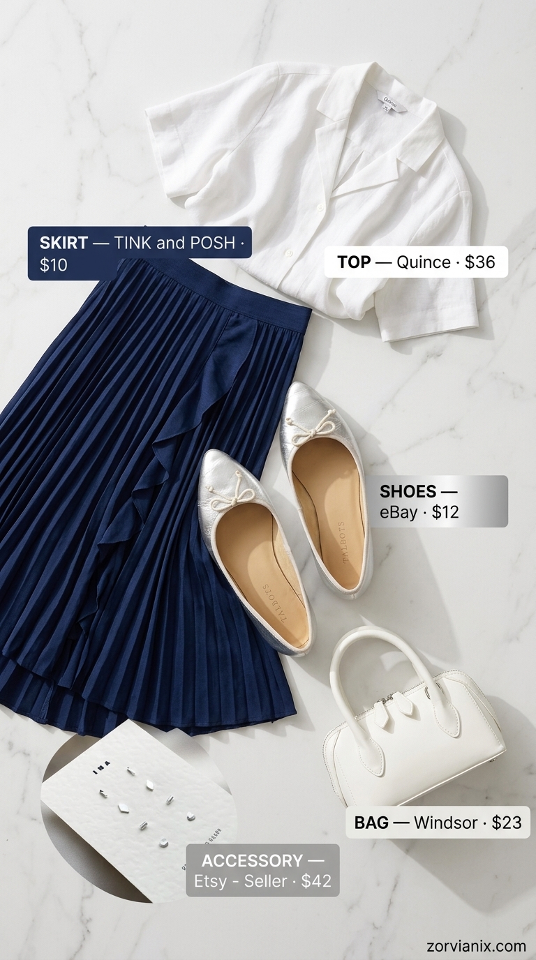 Elegant summer outfit for women over 50 2026: Navy skirt, white top, silver flats for city garden lunch.