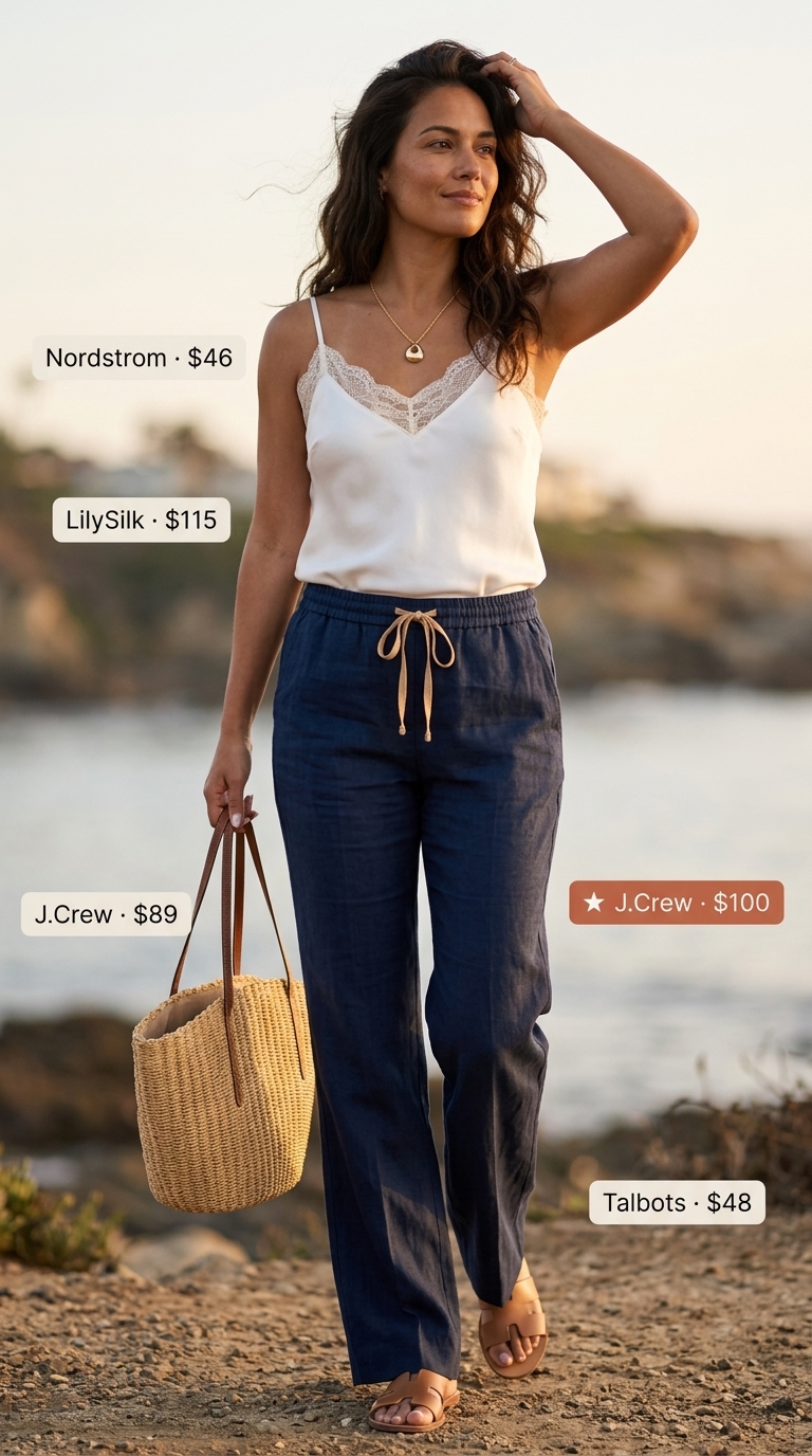 Elegant summer outfit for women over 50 2026: Navy linen pants, white camisole, tan sandals for resort wear.