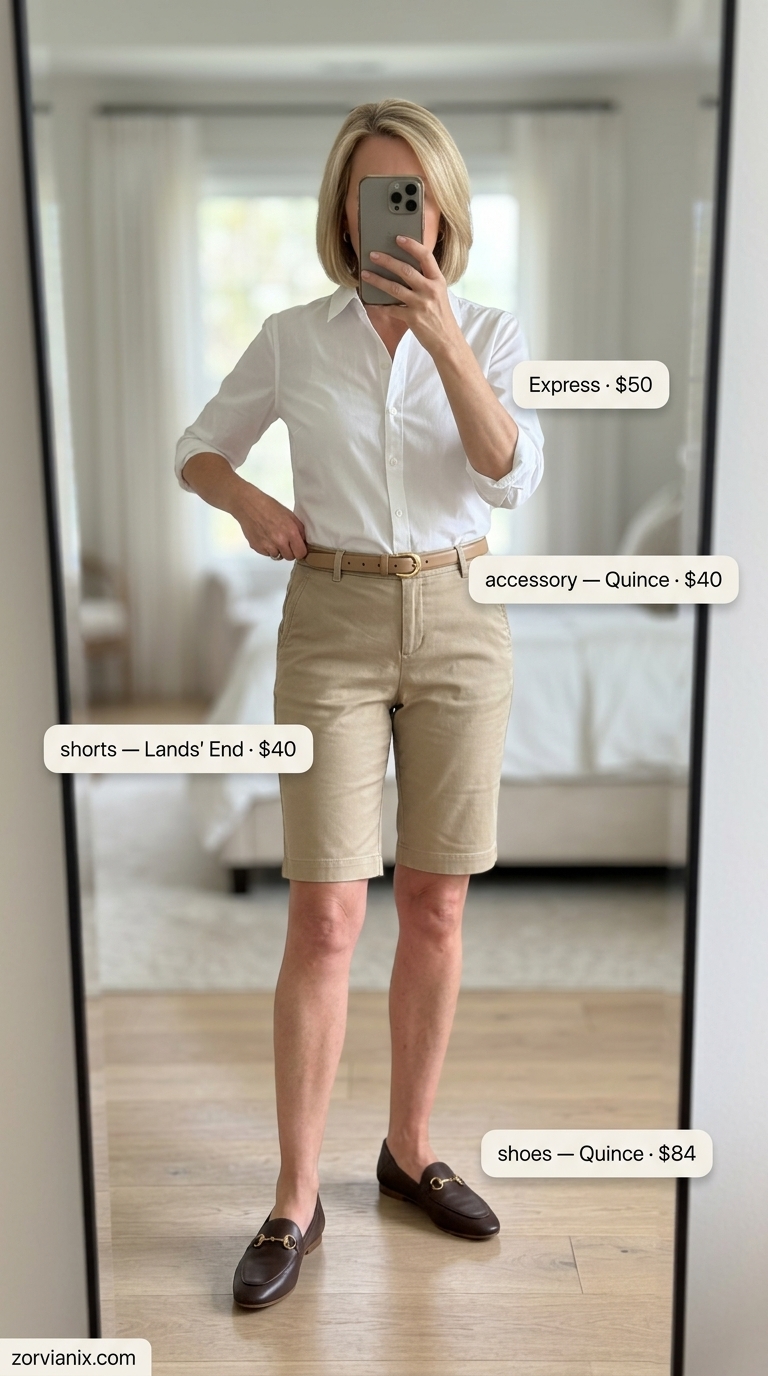 Elegant summer outfit for women over 50 2026: Stone beige Bermuda shorts, white shirt, tan loafers for daytime casual.