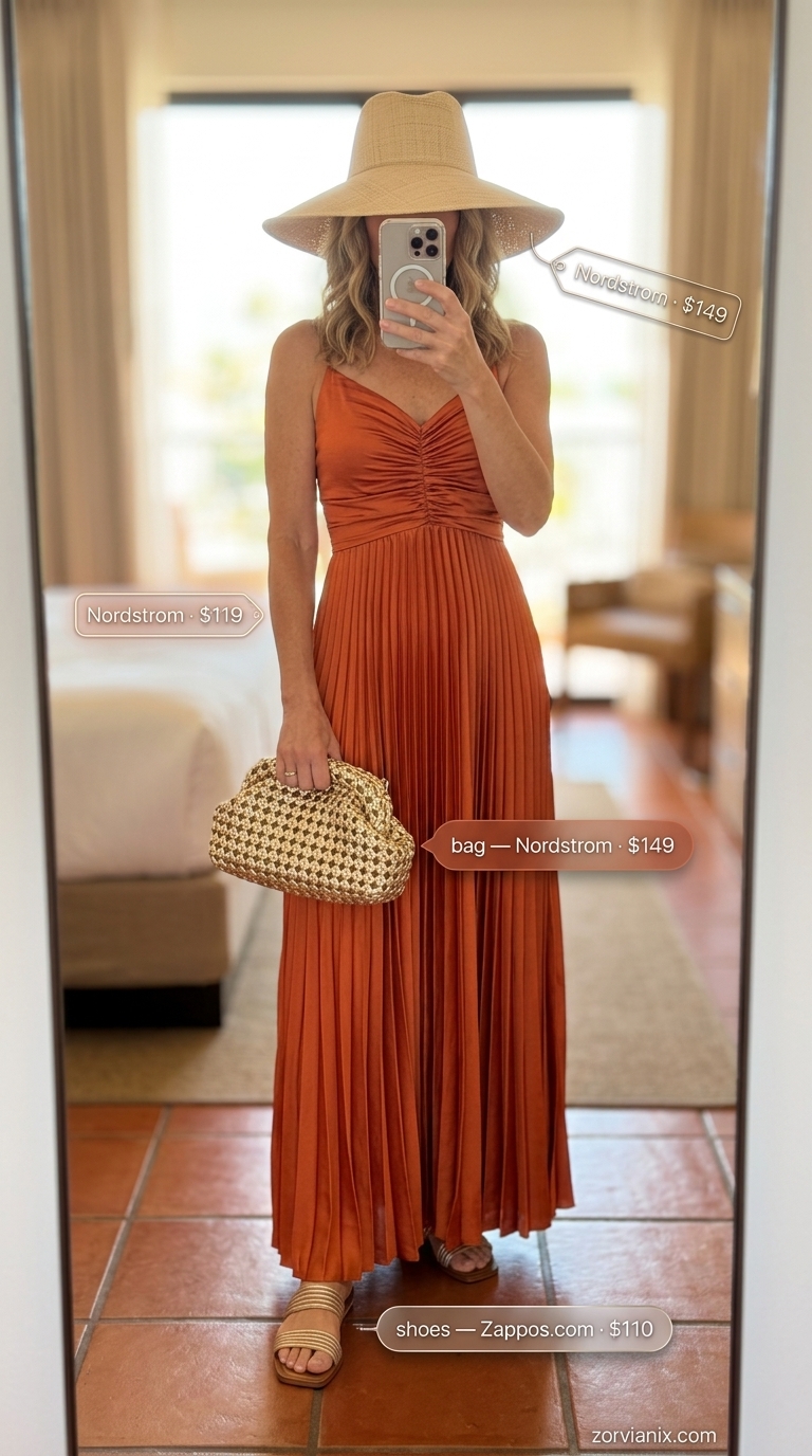 Elegant summer outfit for women over 50 2026: Terracotta maxi dress, gold necklaces for vacation dinner.