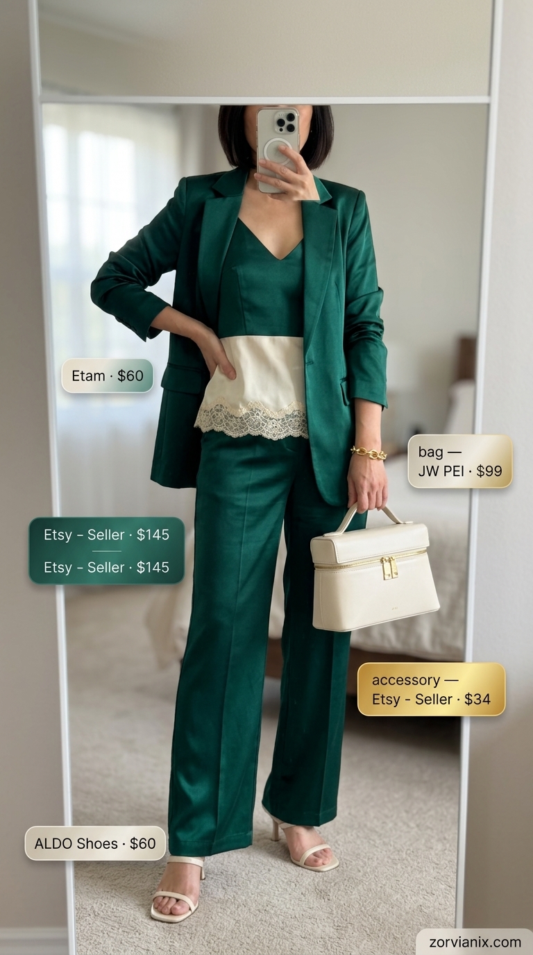 Elegant summer outfit for women over 50 2026: Emerald green satin matching set with cream camisole and gold accessories.