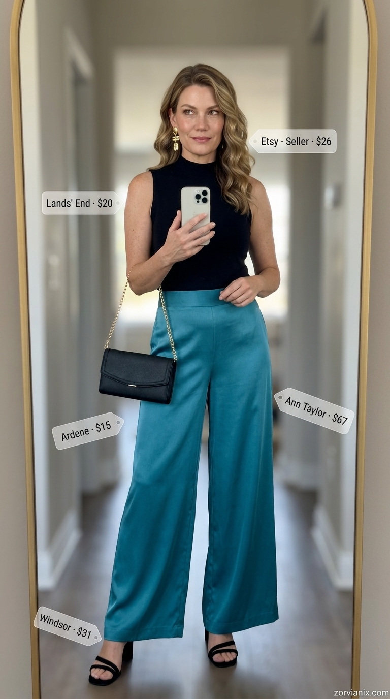 Elegant summer outfit for women over 50 2026: Teal palazzo pants, black mock neck top, gold earrings for gallery opening.