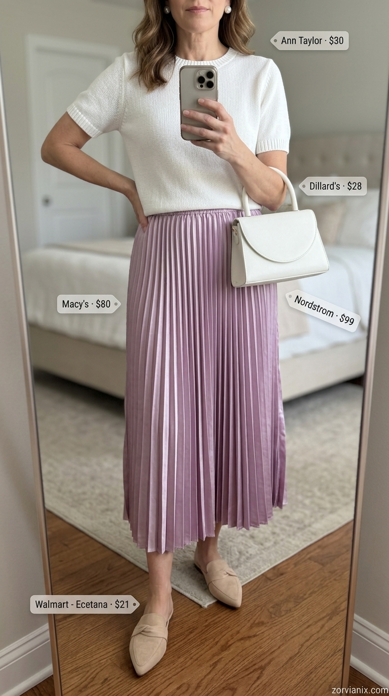 Elegant summer outfit for women over 50 2026: Soft lavender skirt, white knit top, nude mules for garden party.