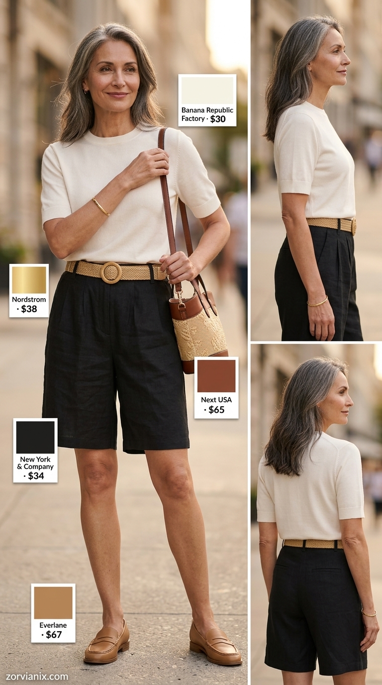 Elegant summer outfit for women over 50 2026: Khaki shorts, ivory eyelet blouse, and tan loafers for weekend style.