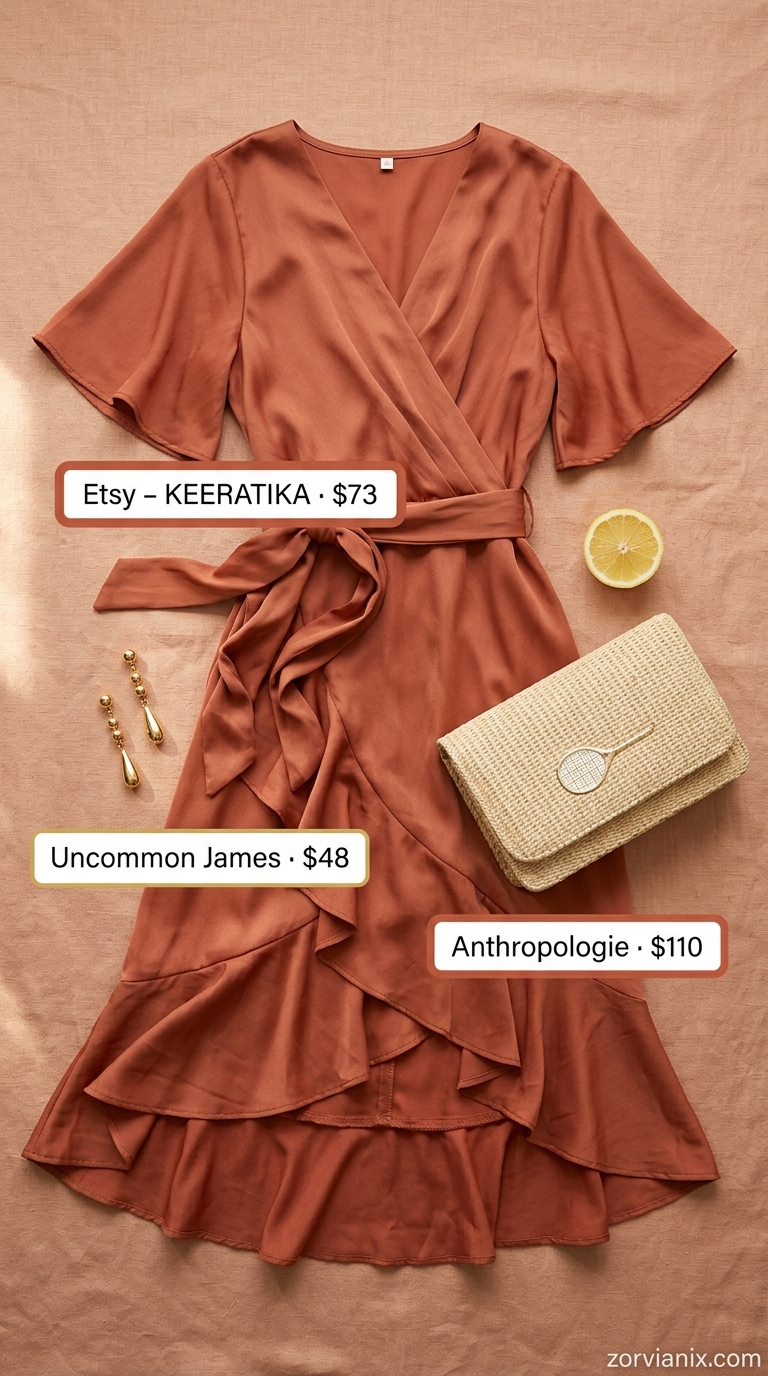 Elegant summer outfit for women over 50 2026: Terracotta floral maxi dress, espadrilles for garden party.