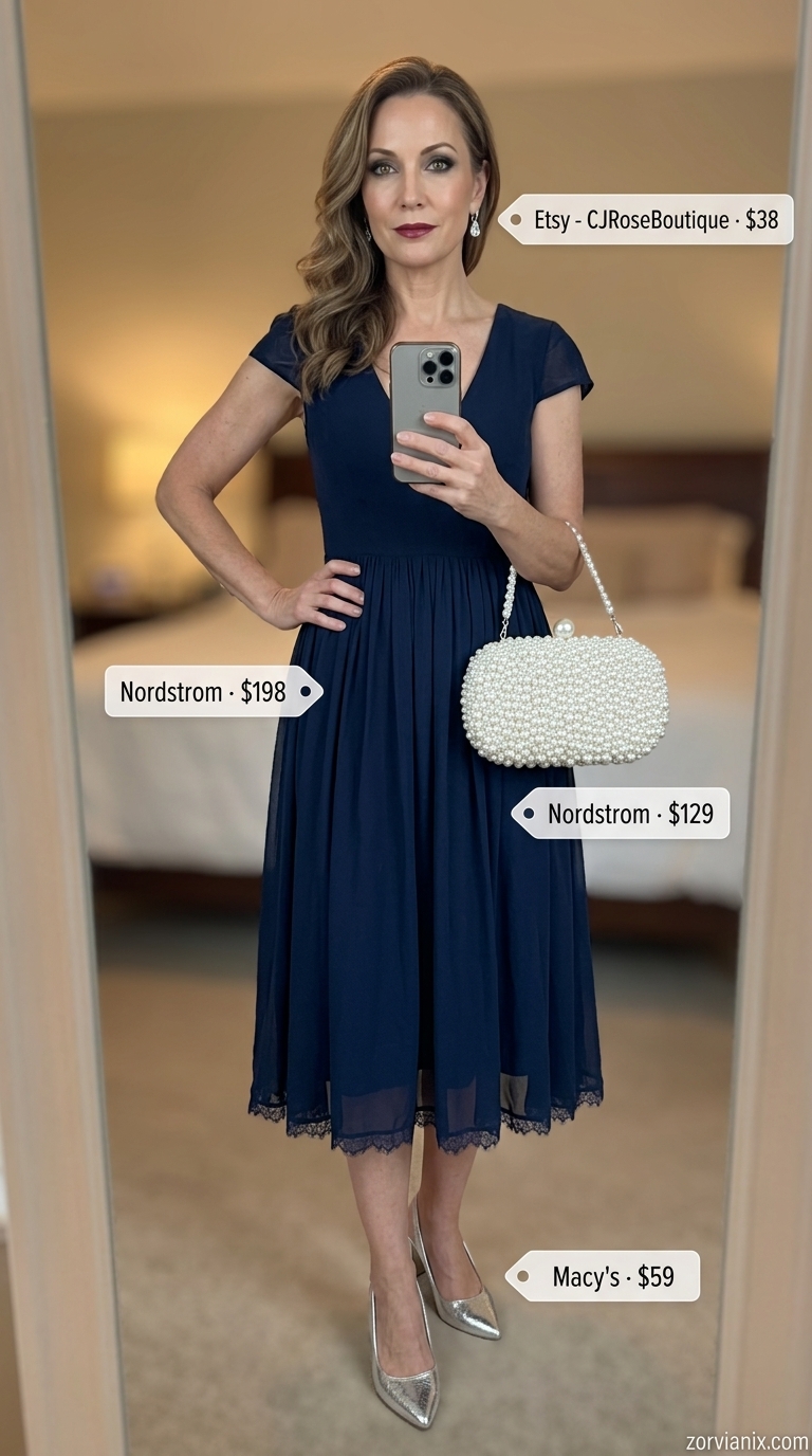 Elegant summer outfit for women over 50 2026: Navy A-line dress, silver earrings, pearl clutch for gala.