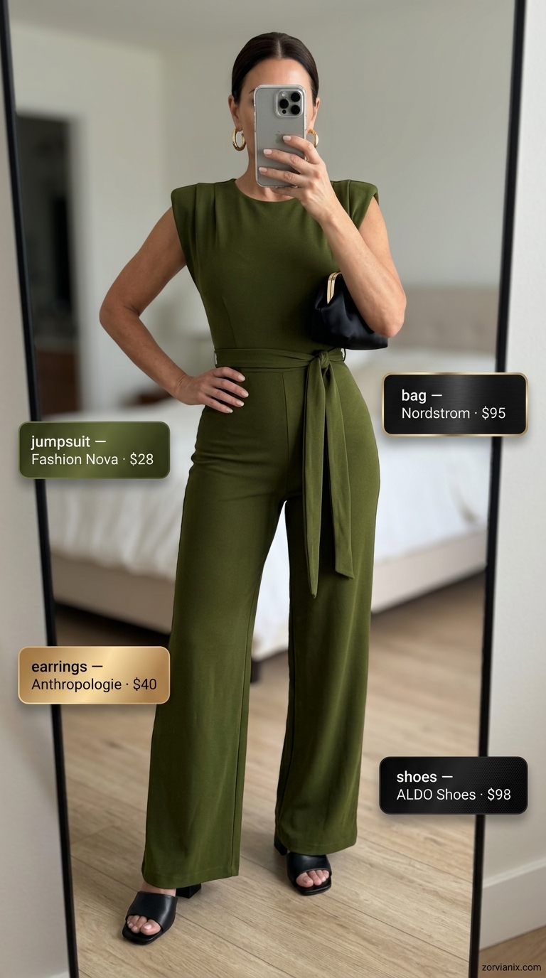 Elegant summer outfit for women over 50 2026: Olive green wide-leg jumpsuit with black heels and gold earrings.