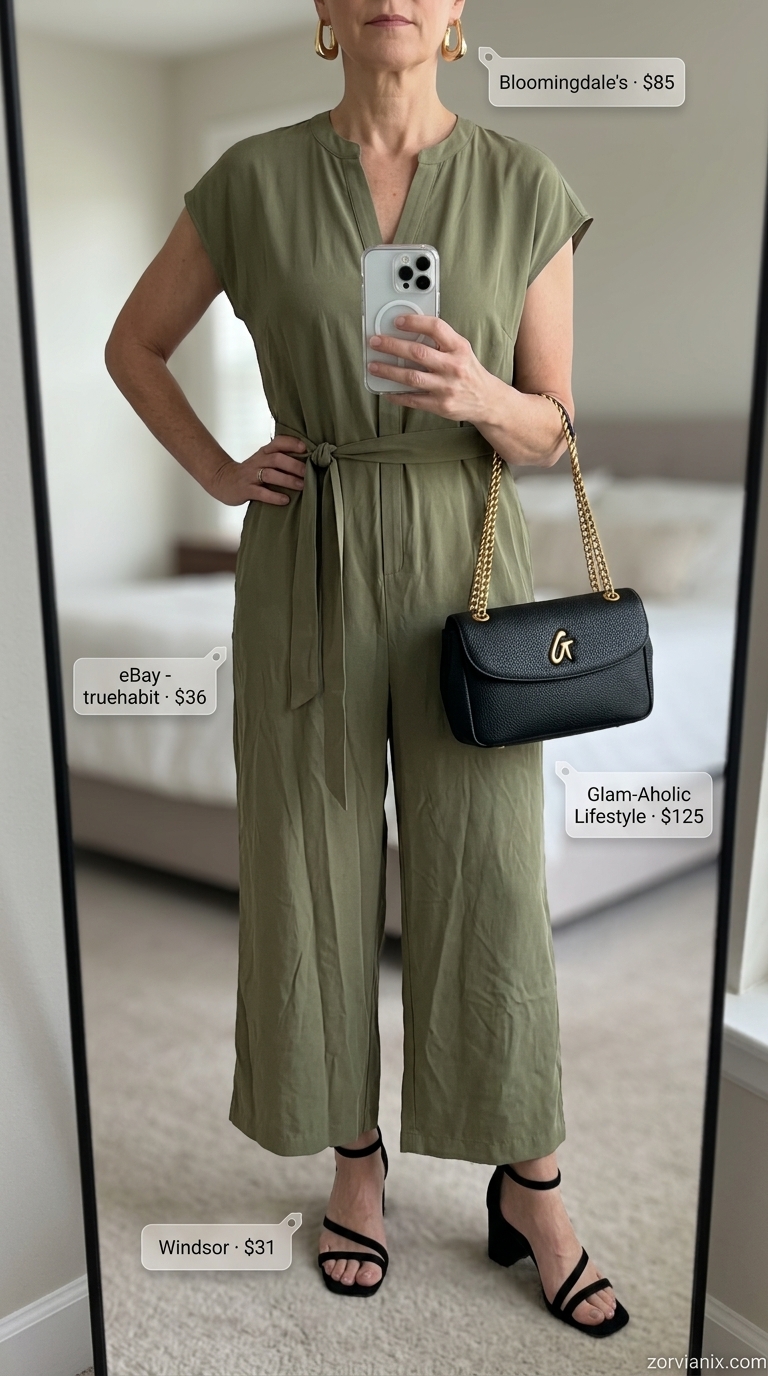Elegant summer outfit for women over 50 2026: Olive green wide-leg jumpsuit with gold earrings and black sandals.