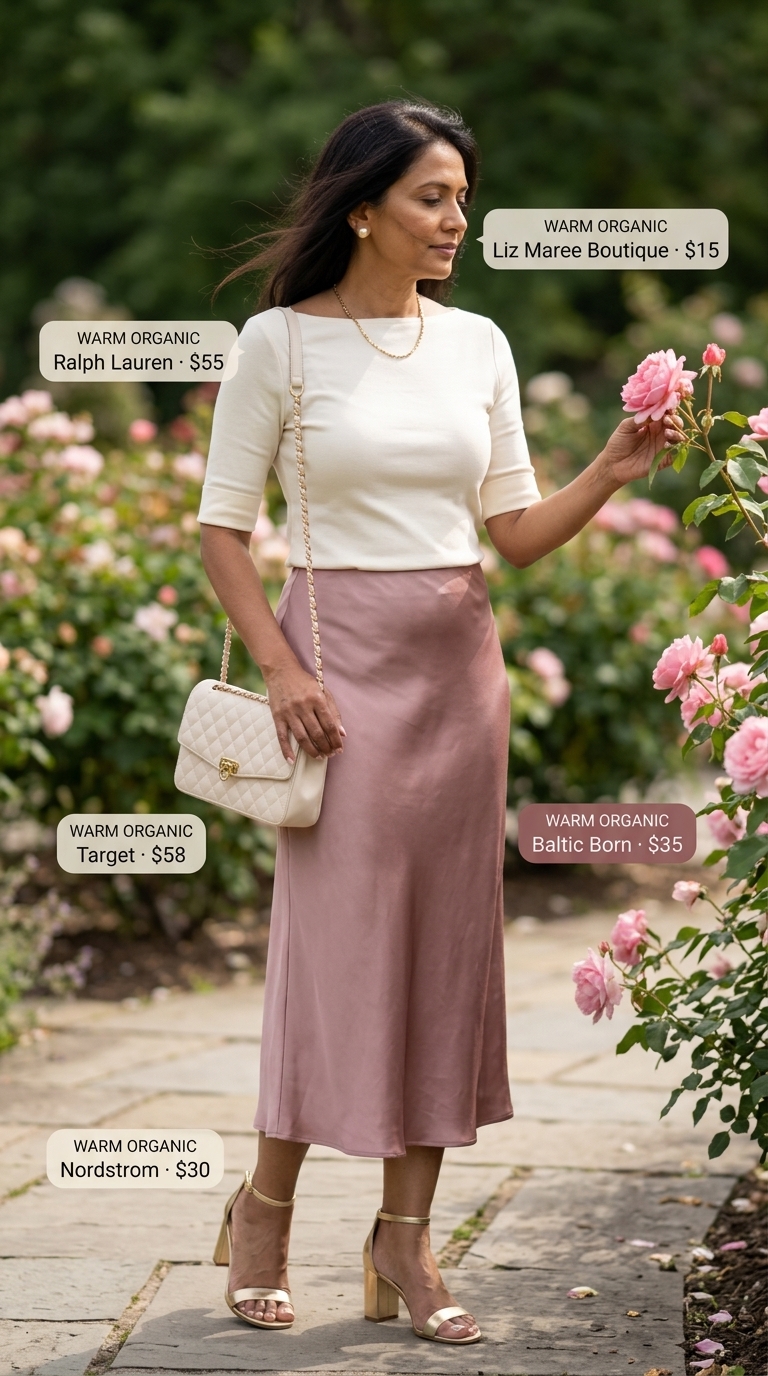 Elegant summer outfit for women over 50 2026: Soft peach skirt, cream knit top, gold sandals for orchard brunch.