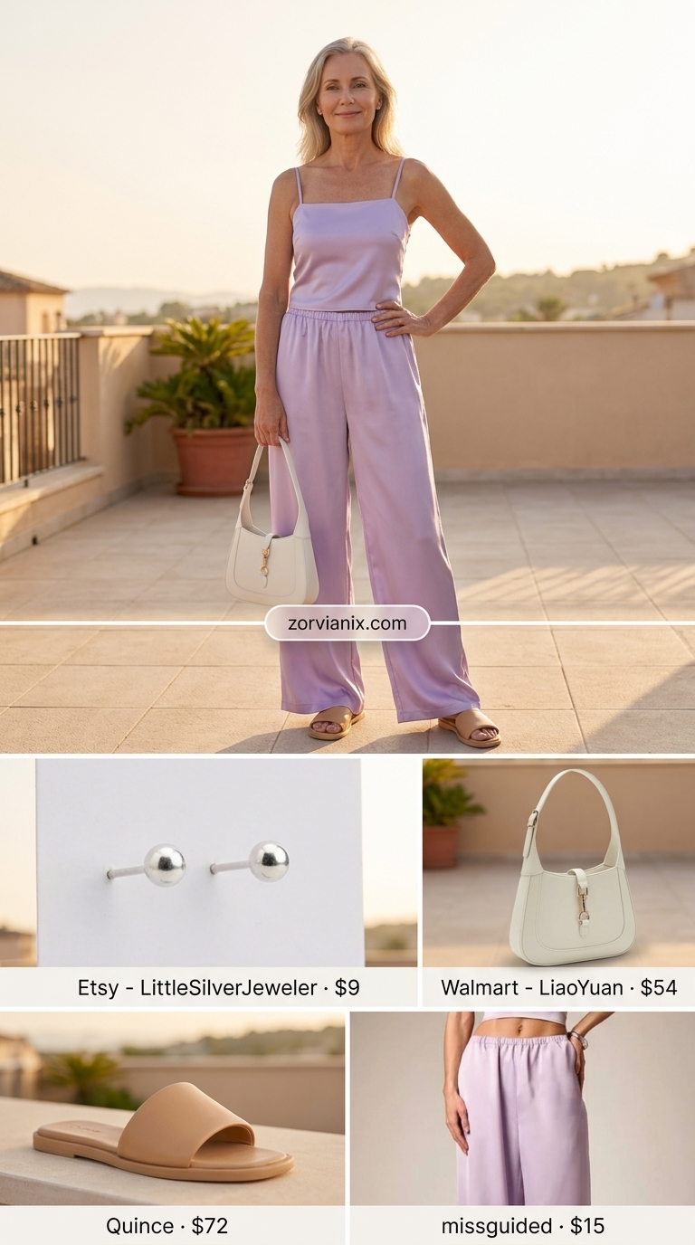 Elegant summer outfit for women over 50 2026: Lavender palazzo pants set, nude sandals for resort wear.