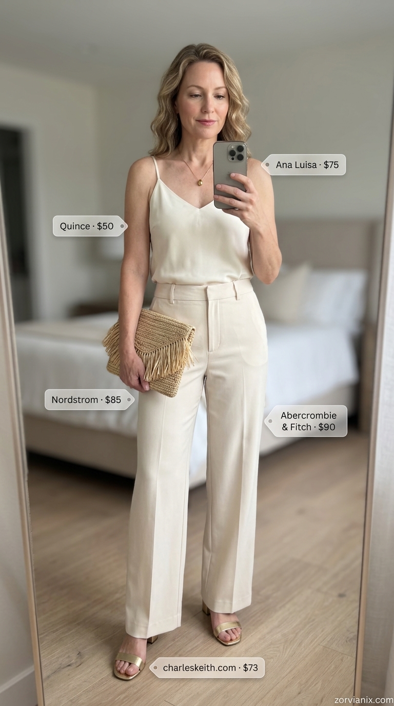 Elegant summer outfit for women over 50 2026: Cream wide-leg pants, beige camisole, gold necklace for resort lunch.
