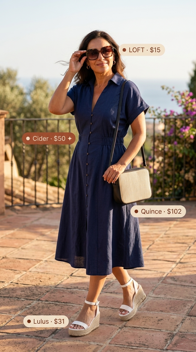 Elegant summer outfit for women over 50 2026: Sky blue shirt dress, white espadrilles for vacation.