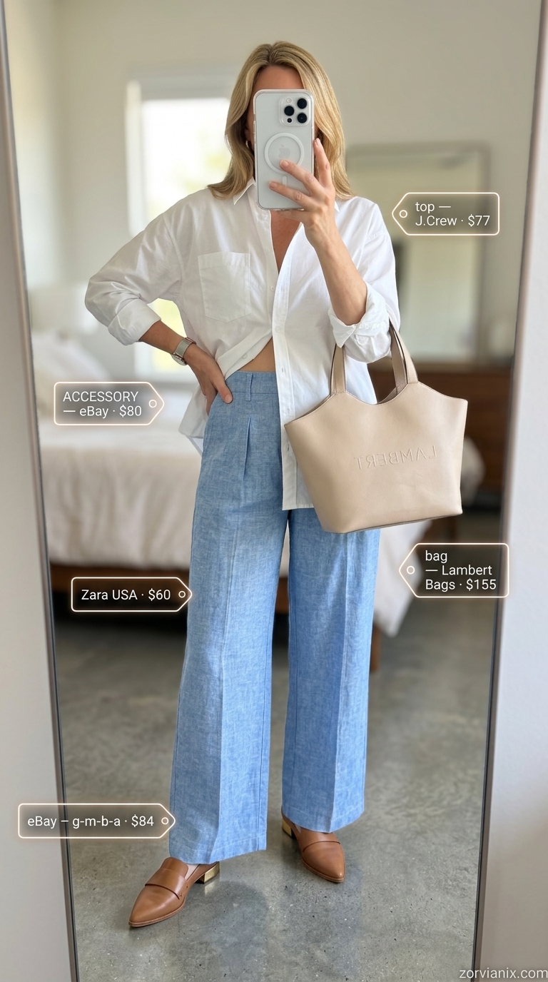 Elegant summer outfit for women over 50 2026: Sky blue linen pants, white shirt, tan loafers for seaside gallery or brunch.