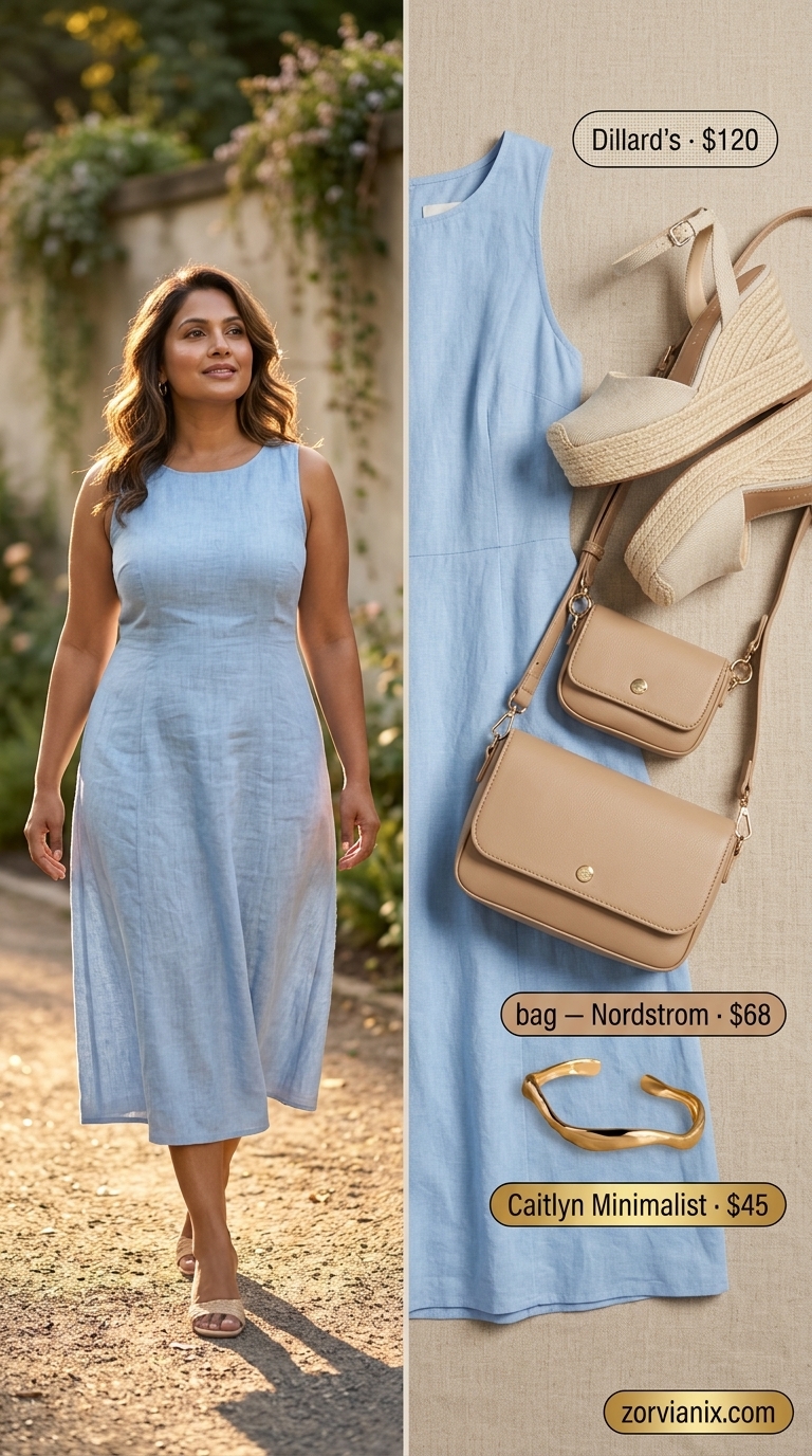 Elegant summer outfit for women over 50 2026: Sky blue midi shirt dress with tan crossbody and pearl earrings.