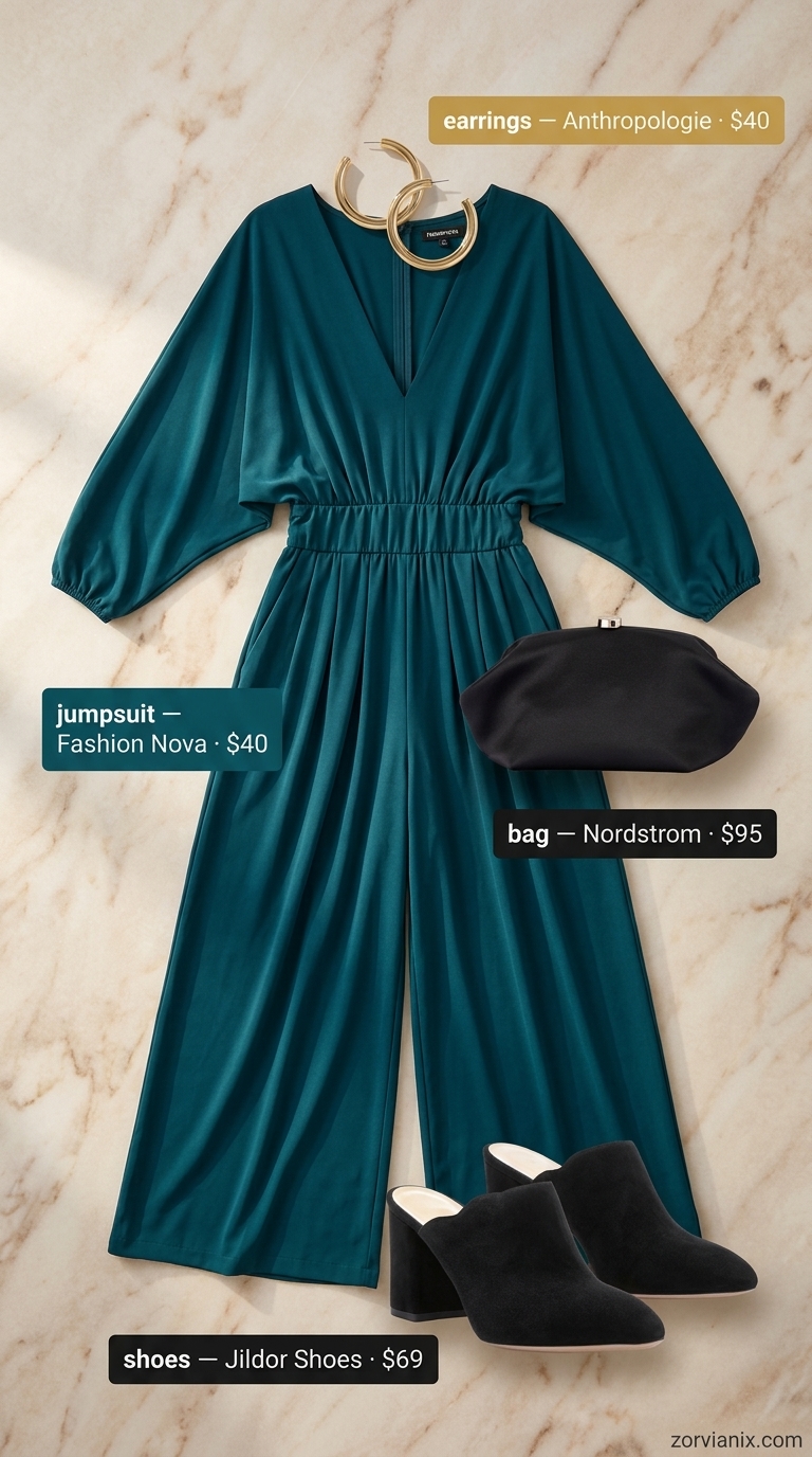 Elegant summer outfit for women over 50 2026: Deep teal jumpsuit, gold earrings for evening event.