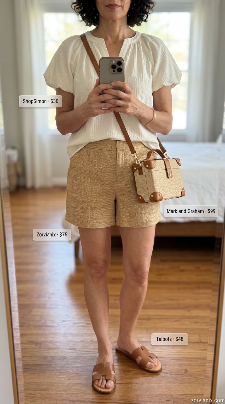 Elegant summer outfit for women over 50 2026: Coral linen shorts, ivory blouse, tan sandals for terrace aperitivo.