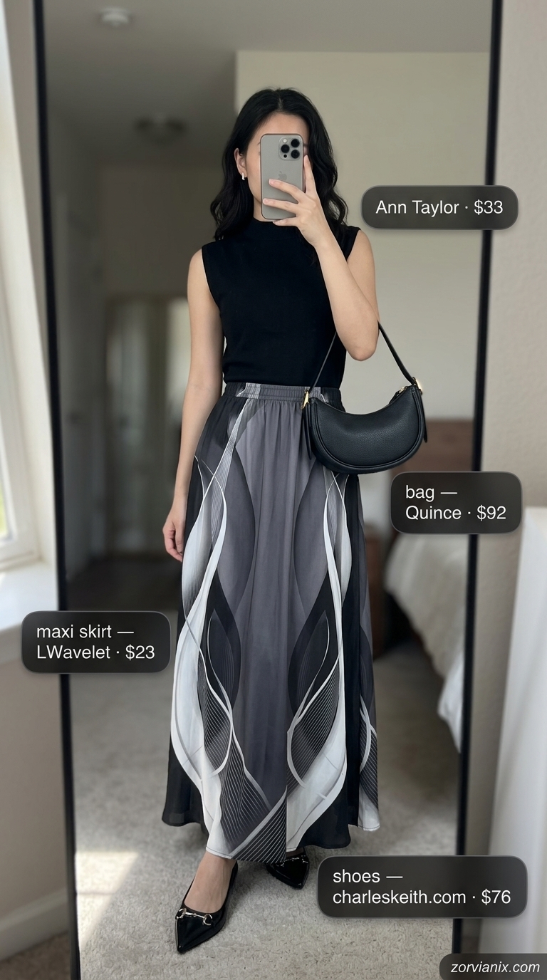 Chic art gallery outfit: charcoal grey flowy maxi skirt with abstract print, black knit top, and silver ballet flats. Flowy maxi skirt outfits summer 2026.