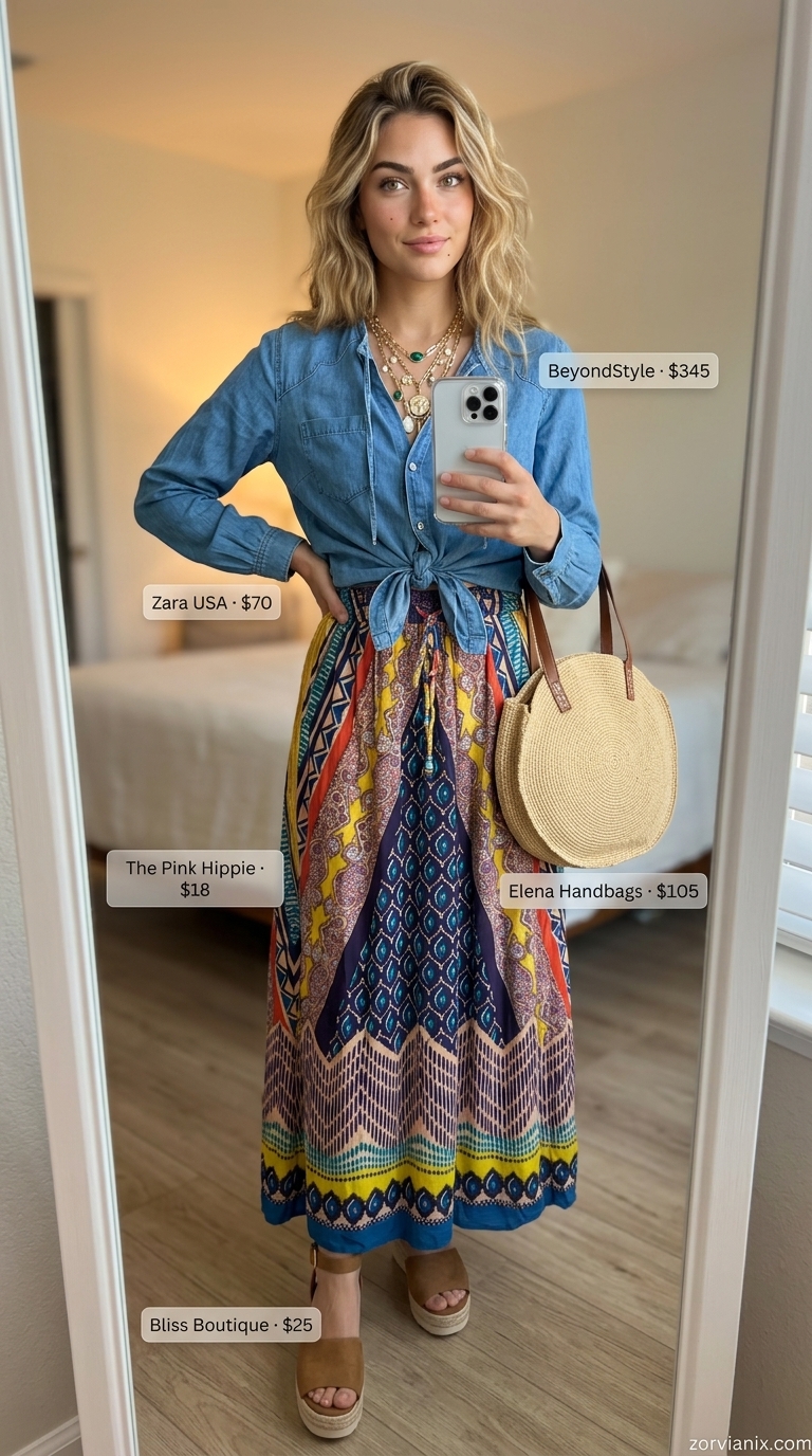 Abstract print flowy maxi skirt outfit with denim shirt and espadrilles for summer 2026 art walk.