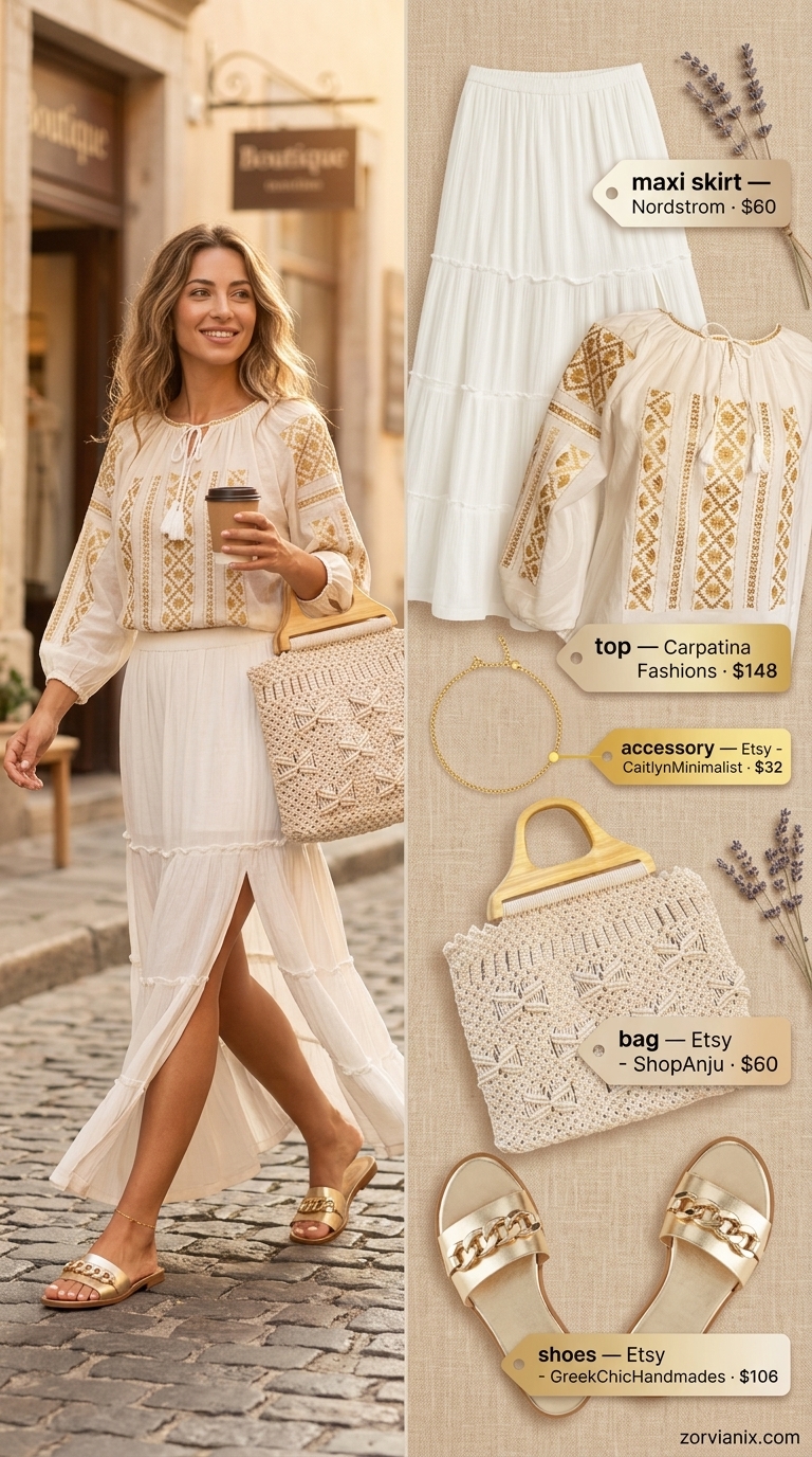 Flowy ivory maxi skirt outfit for summer 2026 beach vacation with gold sandals and peasant blouse.
