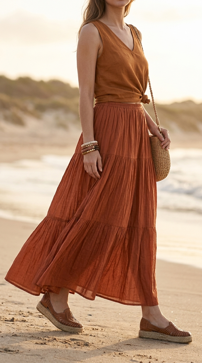 Boho sunset soiree outfit: terracotta flowy maxi skirt with ethnic print, cream linen tank, and espadrilles. Flowy maxi skirt outfits summer 2026.