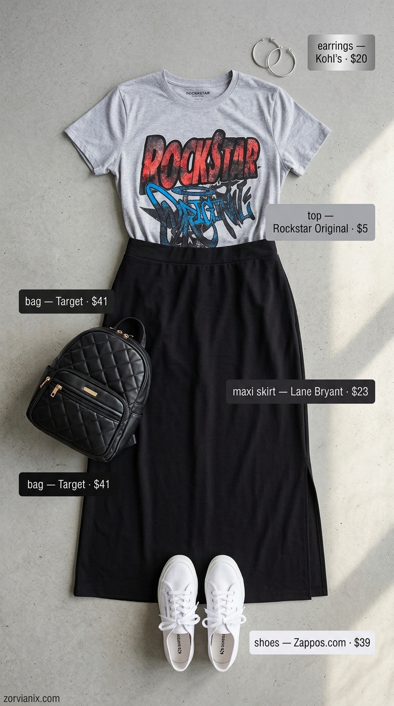 Edgy city explorer outfit: black flowy maxi skirt, graphic tee, and faux leather backpack. Flowy maxi skirt outfits summer 2026.